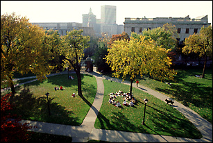 The Brown University front green looking west toward the city of Providence